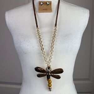 NWT Dragonfly Statement Necklace and Earrings Set Gold Tone Beads Crystals